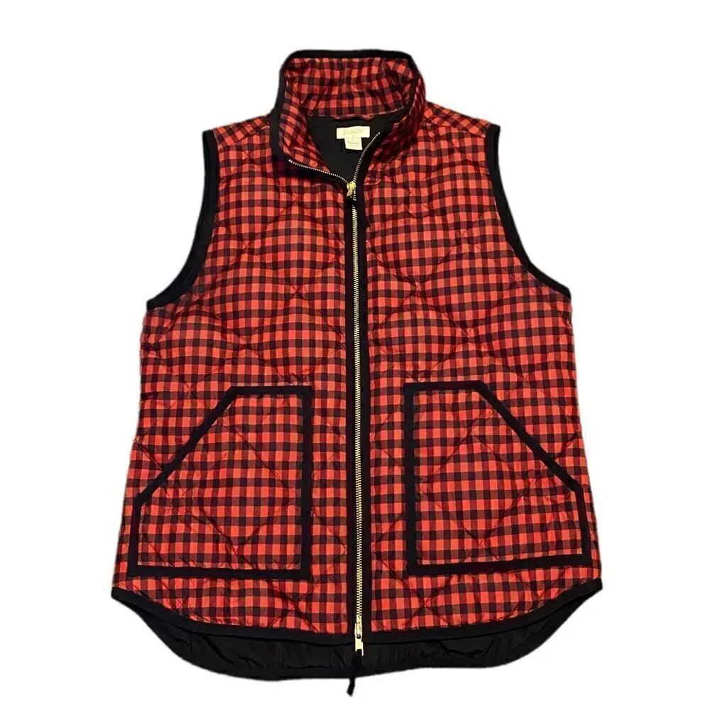 J. CREW Red and Black Plaid Puffer Vest with Gold Accents Women’s Size Small